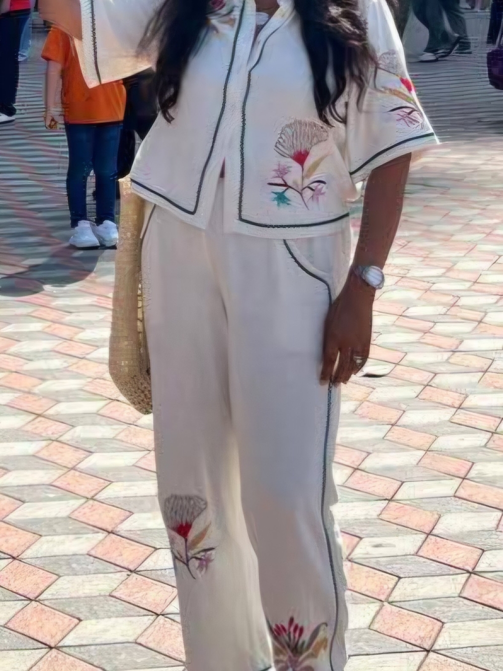 Embroidered Cream Wide-Leg Pants — Women's Elegant Lounge Trousers & Shirt Set